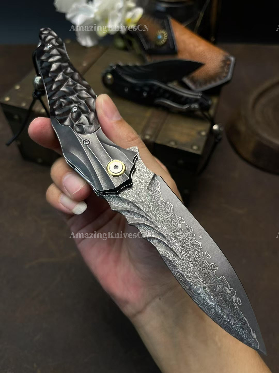 VG10 Damascus Hunting Survival Pocket Knife Ebony Wood with Clip Ball Bearing - AK-HT0987