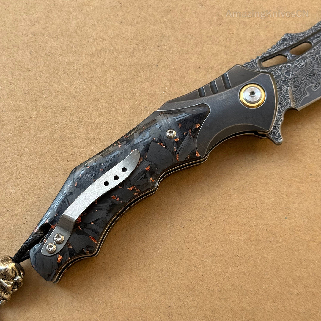 VG10 Damascus Hunting Survival Pocket Knife Carbon Fiber with Clip Ball Bearing - AK-HT0959