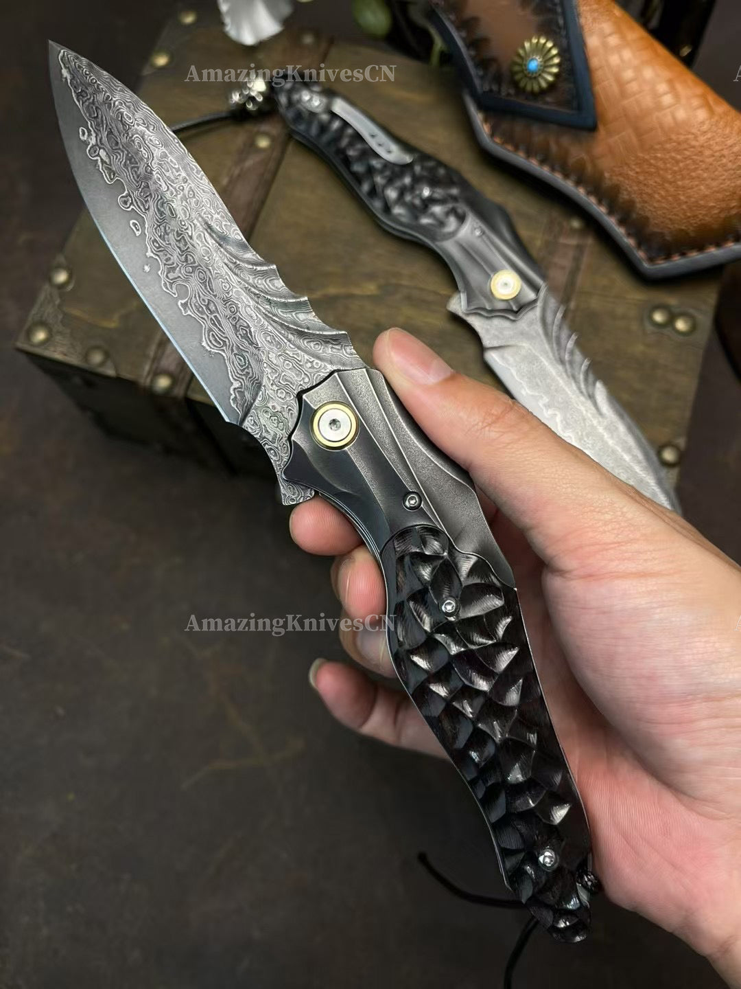 VG10 Damascus Hunting Survival Pocket Knife Ebony Wood with Clip Ball Bearing - AK-HT0987