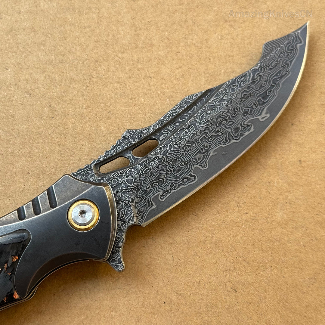 VG10 Damascus Hunting Survival Pocket Knife Carbon Fiber with Clip Ball Bearing - AK-HT0959