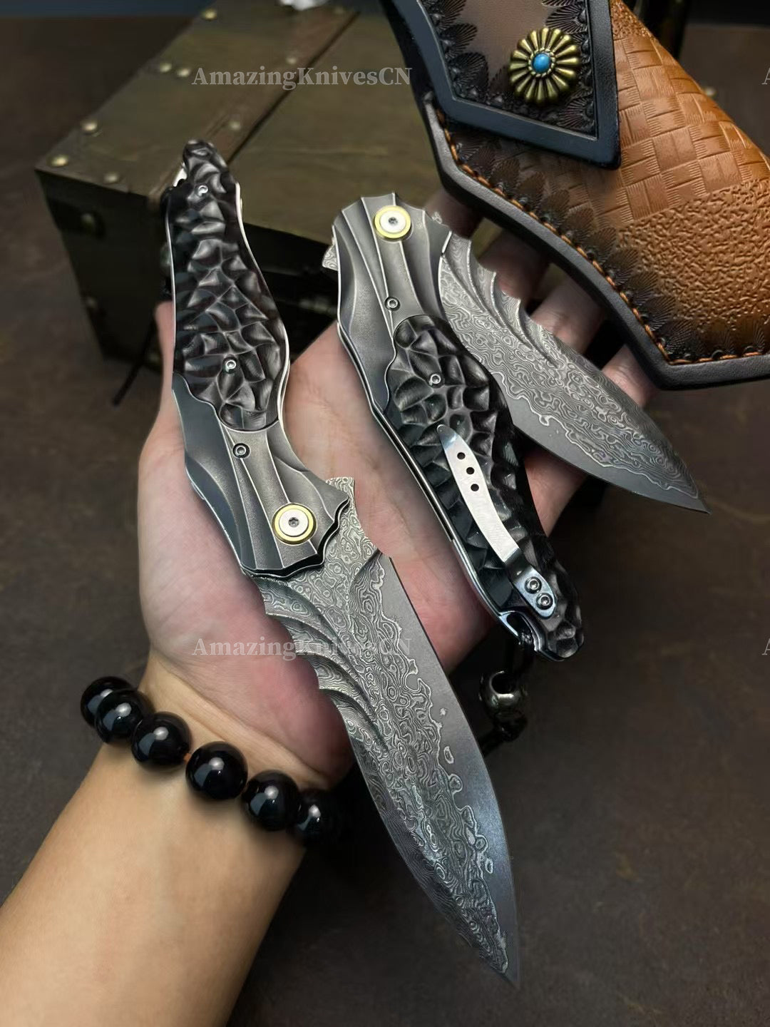 VG10 Damascus Hunting Survival Pocket Knife Ebony Wood with Clip Ball Bearing - AK-HT0987