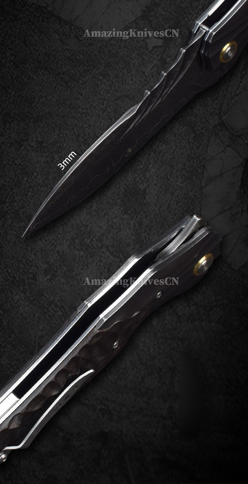 VG10 Damascus Hunting Survival Pocket Knife Ebony Wood with Clip Ball Bearing - AK-HT0987