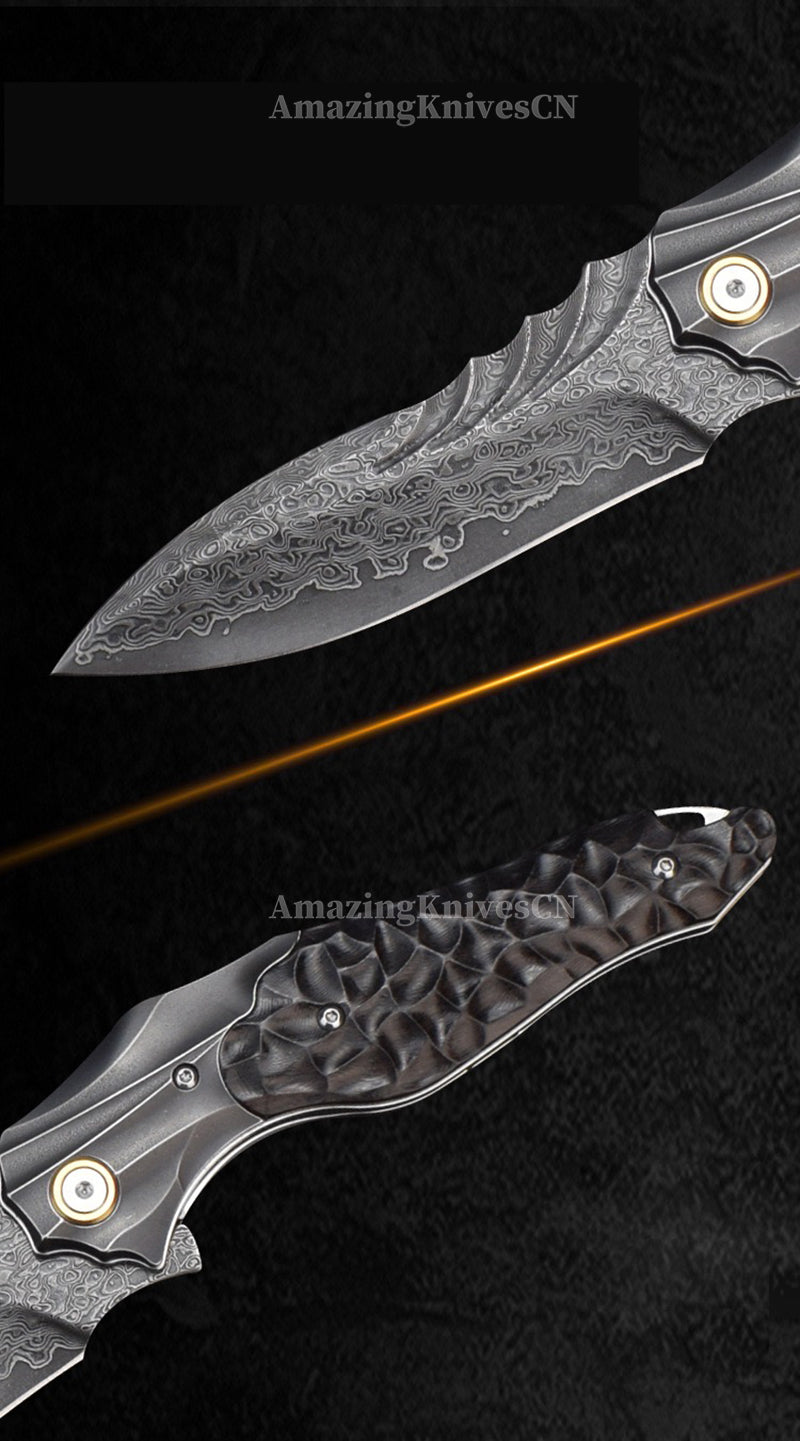 VG10 Damascus Hunting Survival Pocket Knife Ebony Wood with Clip Ball Bearing - AK-HT0987