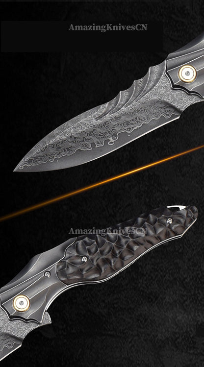 VG10 Damascus Hunting Survival Pocket Knife Ebony Wood with Clip Ball Bearing - AK-HT0987