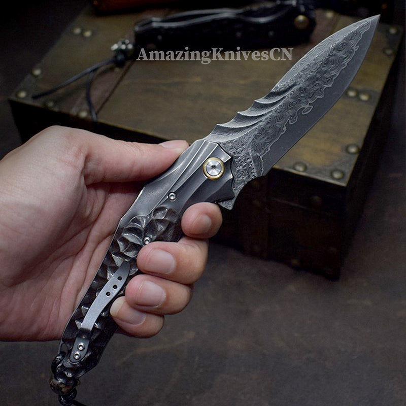 VG10 Damascus Hunting Survival Pocket Knife Ebony Wood with Clip Ball Bearing - AK-HT0987