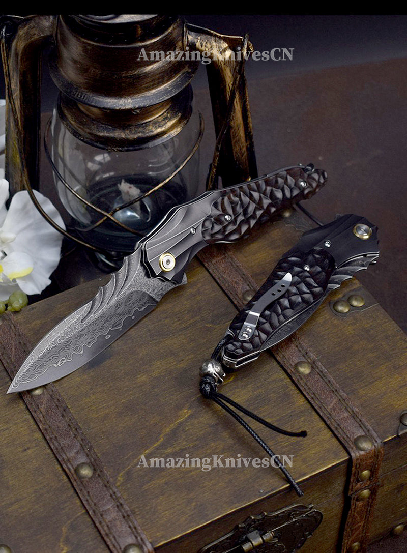 VG10 Damascus Hunting Survival Pocket Knife Ebony Wood with Clip Ball Bearing - AK-HT0987