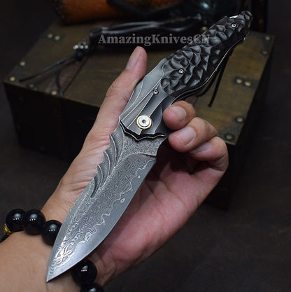 VG10 Damascus Hunting Survival Pocket Knife Ebony Wood with Clip Ball Bearing - AK-HT0987