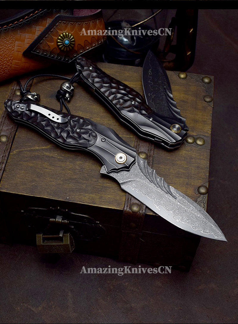 VG10 Damascus Hunting Survival Pocket Knife Ebony Wood with Clip Ball Bearing - AK-HT0987