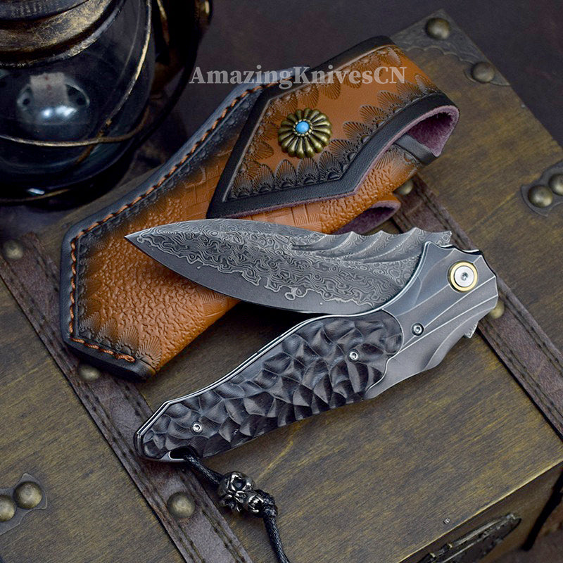VG10 Damascus Hunting Survival Pocket Knife Ebony Wood with Clip Ball Bearing - AK-HT0987