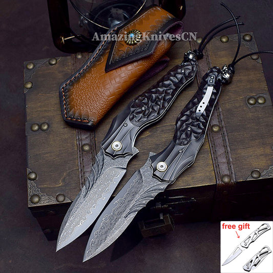VG10 Damascus Hunting Survival Pocket Knife Ebony Wood with Clip Ball Bearing - AK-HT0987