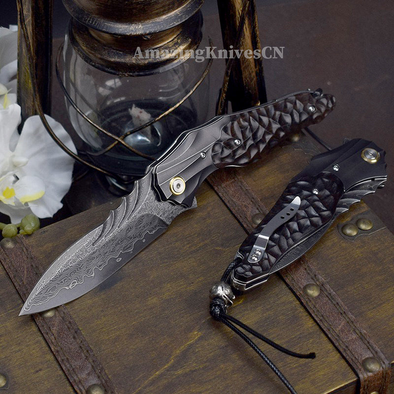 VG10 Damascus Hunting Survival Pocket Knife Ebony Wood with Clip Ball Bearing - AK-HT0987