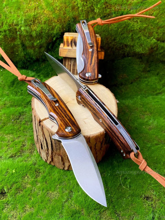 M390 Blade Pocket Knife Hunting Survival Folding Desert Ironwood Ball Bearing Clip - AK-HT0889