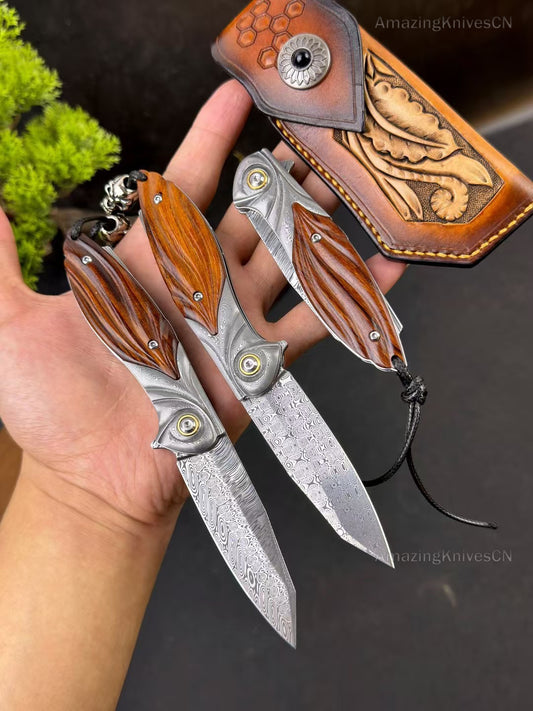 Handcrafted Top Tier Powder Damascus Steel Pocket Knife Ball Bearing Desert Ironwood -AK-HT0966