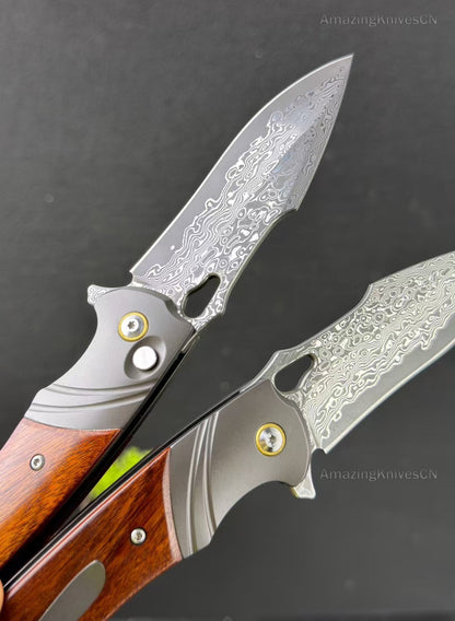 Handcrafted 79 Layers Damascus Pocket Knife Button Lock Ball Bearing Ironwood with Clip - AK-HT0965