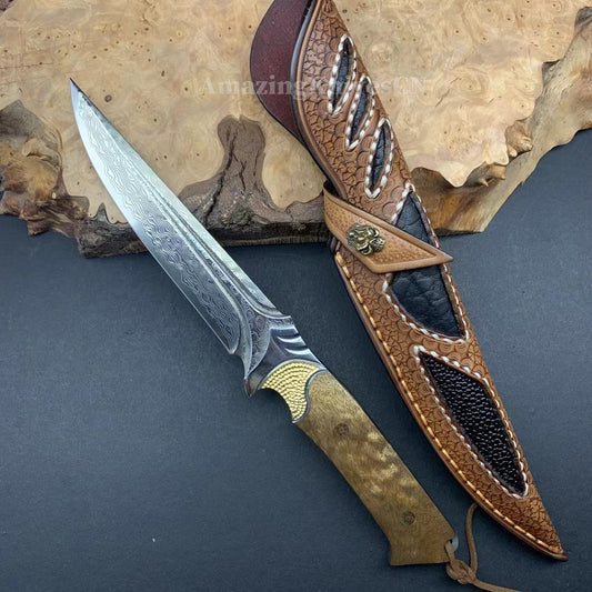 VG10 DAMASCUS HUNTING KNIFE FIXED BLADE FULL TANG - AK-HT0442-O