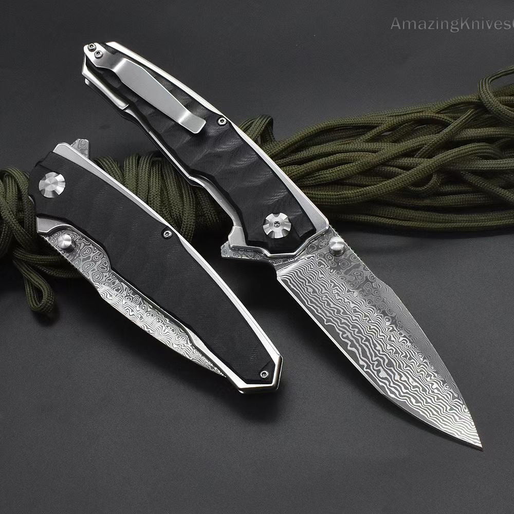 VG10 Damascus Steel Folding Knife Survival Knife Bushcraft Pocket Knife EDC - AK-HT0894
