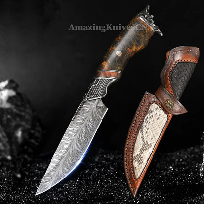 Collectible Feather Damascus Knife with Handmade Italian Snakeskin Leather Sheath - AK-HT1007