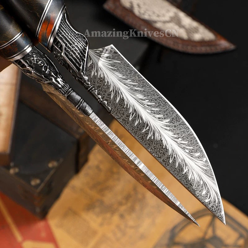 Collectible Feather Damascus Knife with Handmade Italian Snakeskin Leather Sheath - AK-HT1007