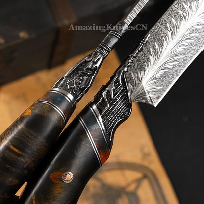 Collectible Feather Damascus Knife with Handmade Italian Snakeskin Leather Sheath - AK-HT1007