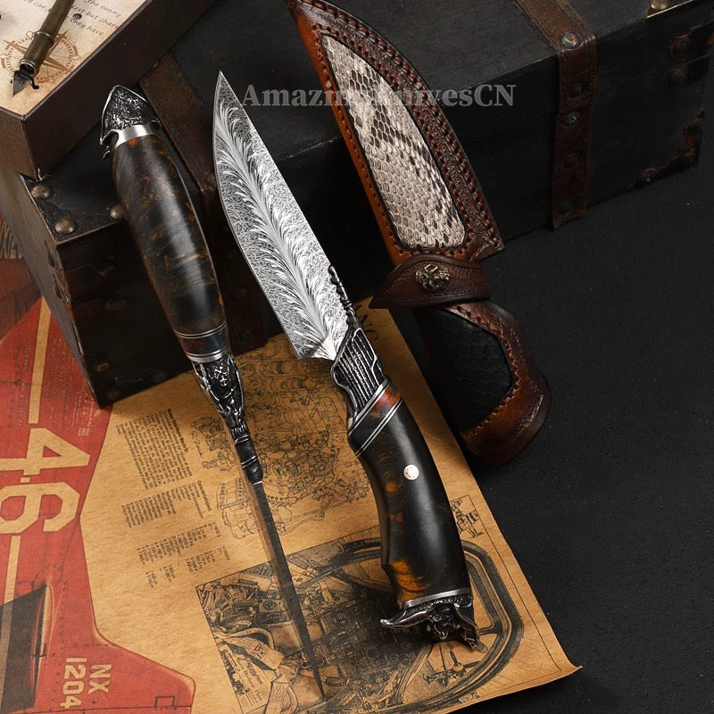 Collectible Feather Damascus Knife with Handmade Italian Snakeskin Leather Sheath - AK-HT1007