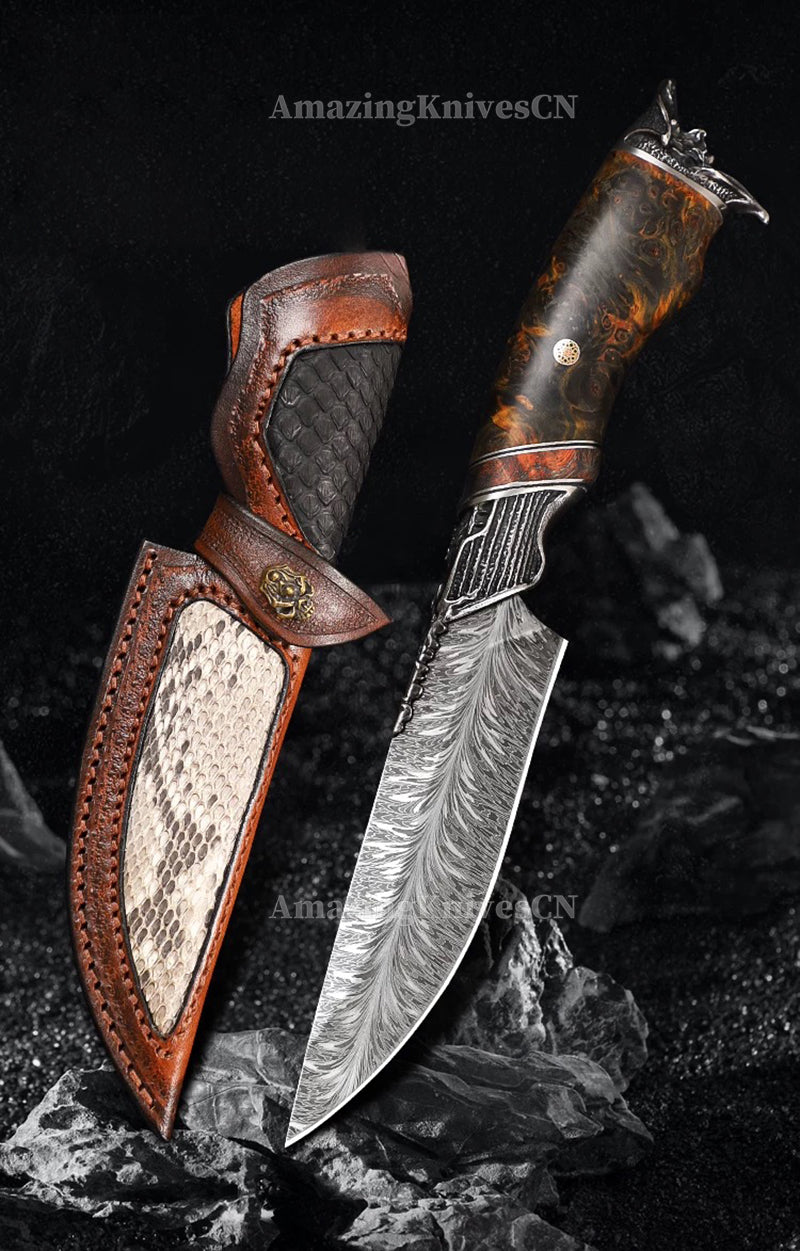 Collectible Feather Damascus Knife with Handmade Italian Snakeskin Leather Sheath - AK-HT1007