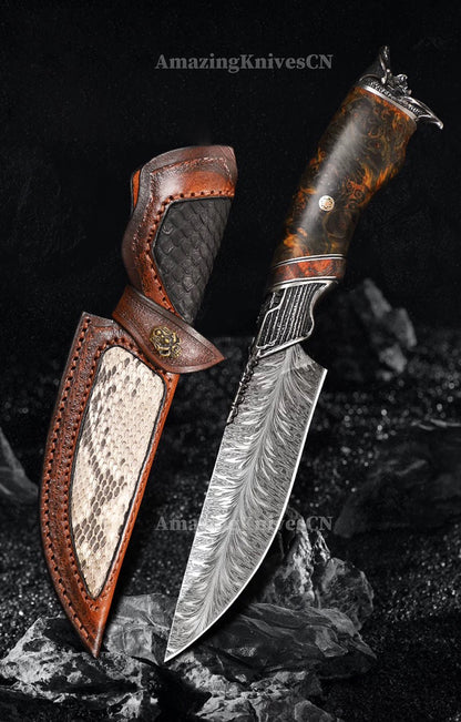 Collectible Feather Damascus Knife with Handmade Italian Snakeskin Leather Sheath - AK-HT1007