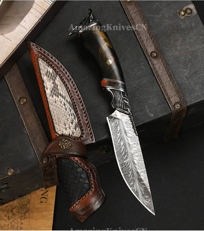 Collectible Feather Damascus Knife with Handmade Italian Snakeskin Leather Sheath - AK-HT1007