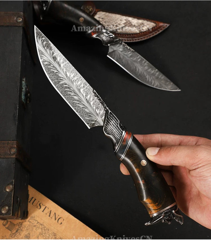 Collectible Feather Damascus Knife with Handmade Italian Snakeskin Leather Sheath - AK-HT1007