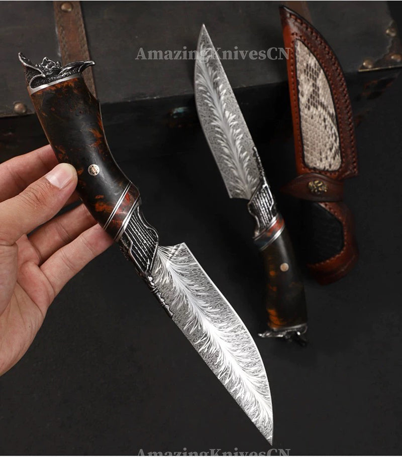 Collectible Feather Damascus Knife with Handmade Italian Snakeskin Leather Sheath - AK-HT1007