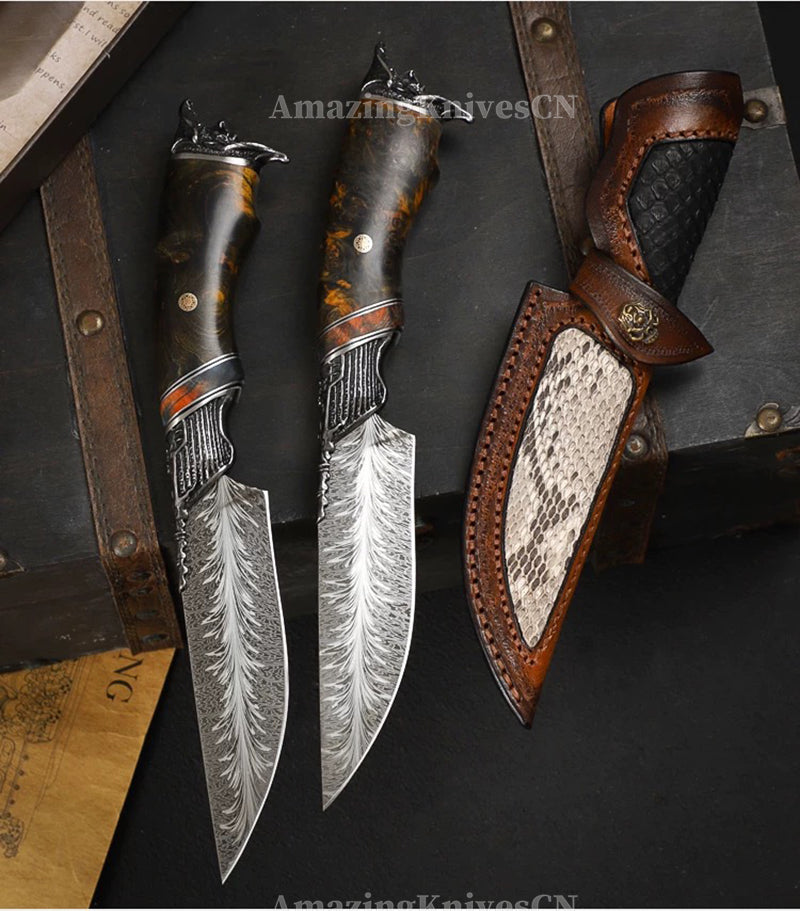 Collectible Feather Damascus Knife with Handmade Italian Snakeskin Leather Sheath - AK-HT1007