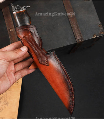 Collectible Feather Damascus Knife with Handmade Italian Snakeskin Leather Sheath - AK-HT1007