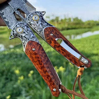 Bamboo Eye – VG10 Damascus Pocket Knife Snakewood Handle with Clip - AK-HT1006