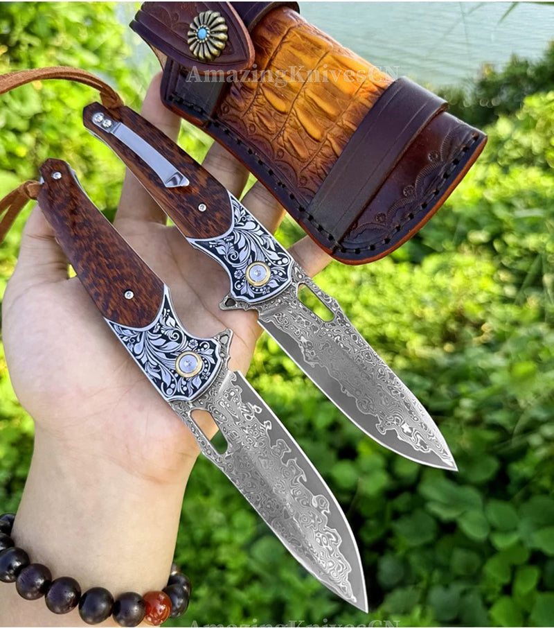Bamboo Eye – VG10 Damascus Pocket Knife Snakewood Handle with Clip - AK-HT1006