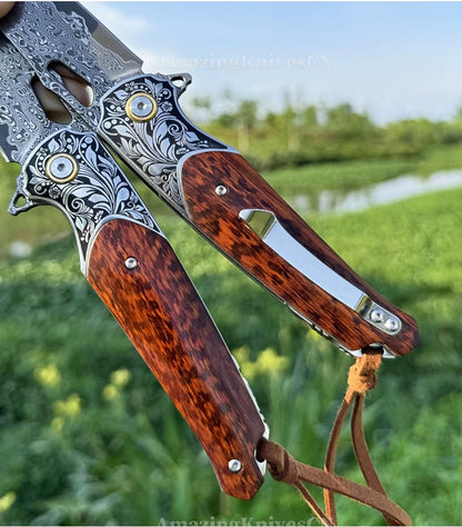 Bamboo Eye – VG10 Damascus Pocket Knife Snakewood Handle with Clip - AK-HT1006