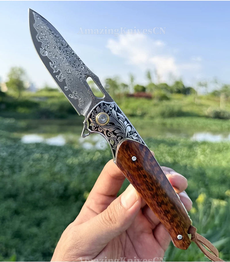 Bamboo Eye – VG10 Damascus Pocket Knife Snakewood Handle with Clip - AK-HT1006