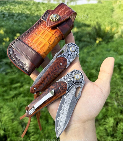 Bamboo Eye – VG10 Damascus Pocket Knife Snakewood Handle with Clip - AK-HT1006