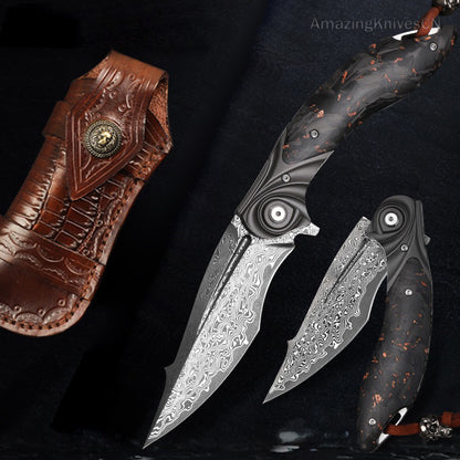 Handmade Japanese Damascus Steel Folding Knife Pocket Knives Carbon Fiber Handle - AK-HT0896