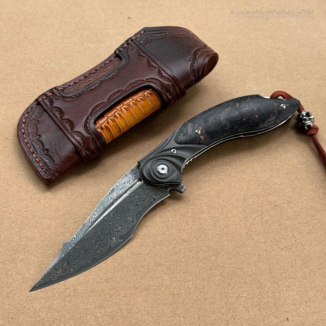 Handmade Japanese Damascus Steel Folding Knife Pocket Knives Carbon Fiber Handle - AK-HT0896