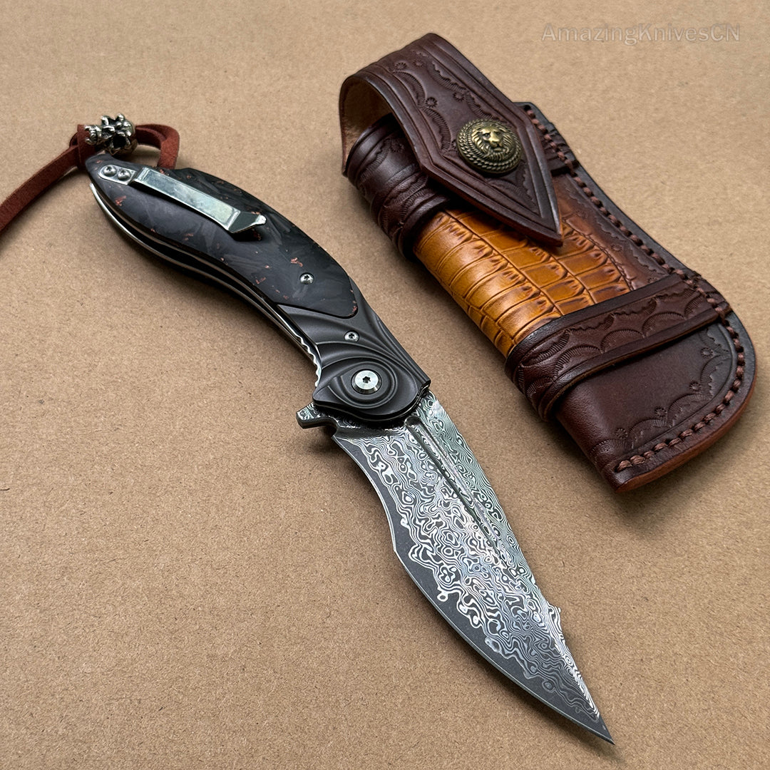 Handmade Japanese Damascus Steel Folding Knife Pocket Knives Carbon Fiber Handle - AK-HT0896