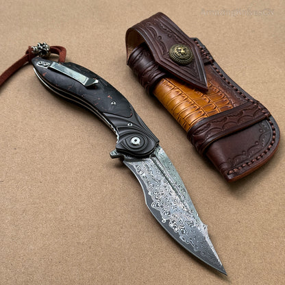 Handmade Japanese Damascus Steel Folding Knife Pocket Knives Carbon Fiber Handle - AK-HT0896