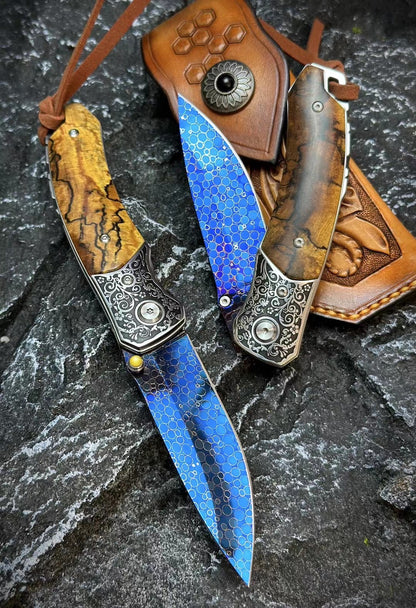 Dragonskin Blade Damascus Folding Knife Blue Ball Bearings - AK-HT0758