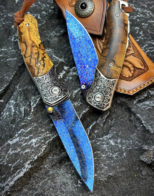 Dragonskin Blade Damascus Folding Knife Blue Ball Bearings - AK-HT0758