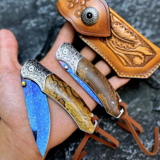 Dragonskin Blade Damascus Folding Knife Blue Ball Bearings - AK-HT0758
