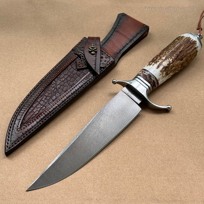 Wootz Steel Survival Bowie Hunting Knife Fixed Blade Stag Horn Handle w/ Sheath - AK-HT0879
