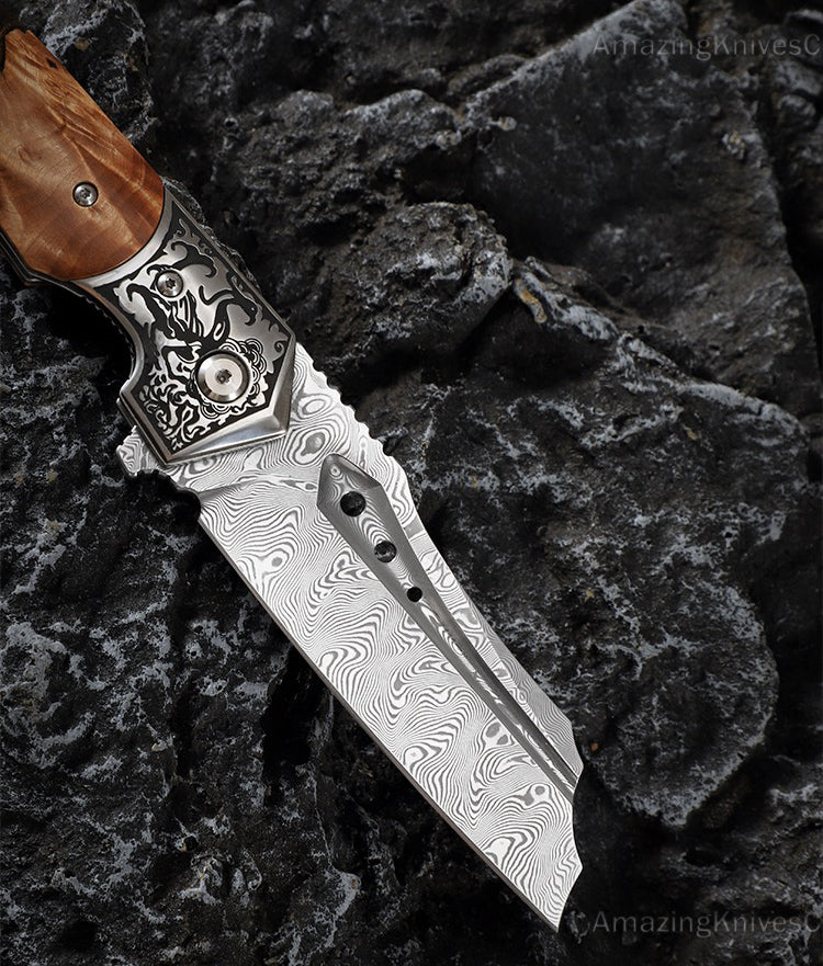 High Quality Hunting Knife Vg10 Damascus Folding Knives Pocket Knife Blood Grooved w/ Sheath - AK-HT0837