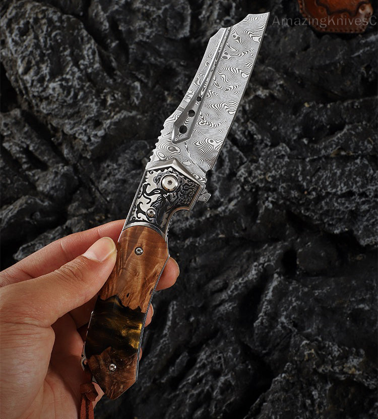 High Quality Hunting Knife Vg10 Damascus Folding Knives Pocket Knife Blood Grooved w/ Sheath - AK-HT0837