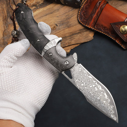 Handmade Damascus Steel Folding Knife Pocket Knives Sheath Carbon Fiber Handle - AK-HT0578-CB