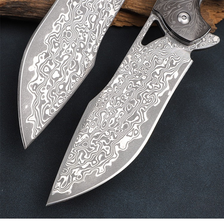 Handmade Damascus Steel Folding Knife Pocket Knives Sheath Carbon Fiber Handle - AK-HT0578-CB