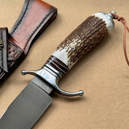 Top-tier Collectible Amazing Wootz Steel Survival Bowie Hunting Knife Fixed Blade Stag Horn Handle w/ Sheath - AK-HT0879-1