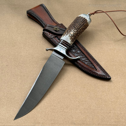 Top-tier Collectible Amazing Wootz Steel Survival Bowie Hunting Knife Fixed Blade Stag Horn Handle w/ Sheath - AK-HT0879-1